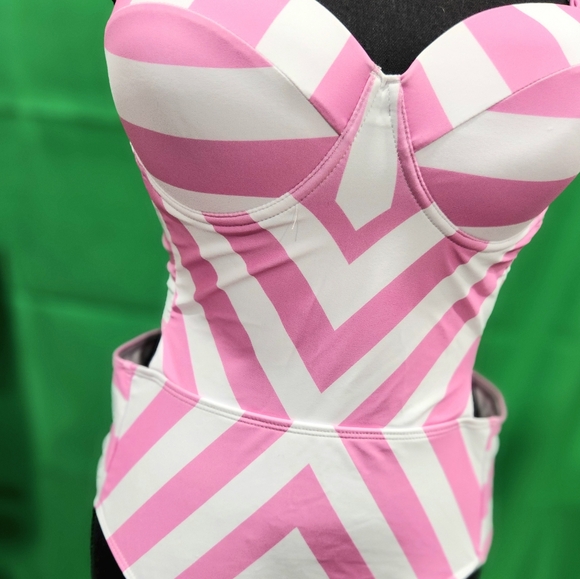 new pink and white stripe bathing suit swimsuit size xl pinup 50s retro barbie - Picture 11 of 11